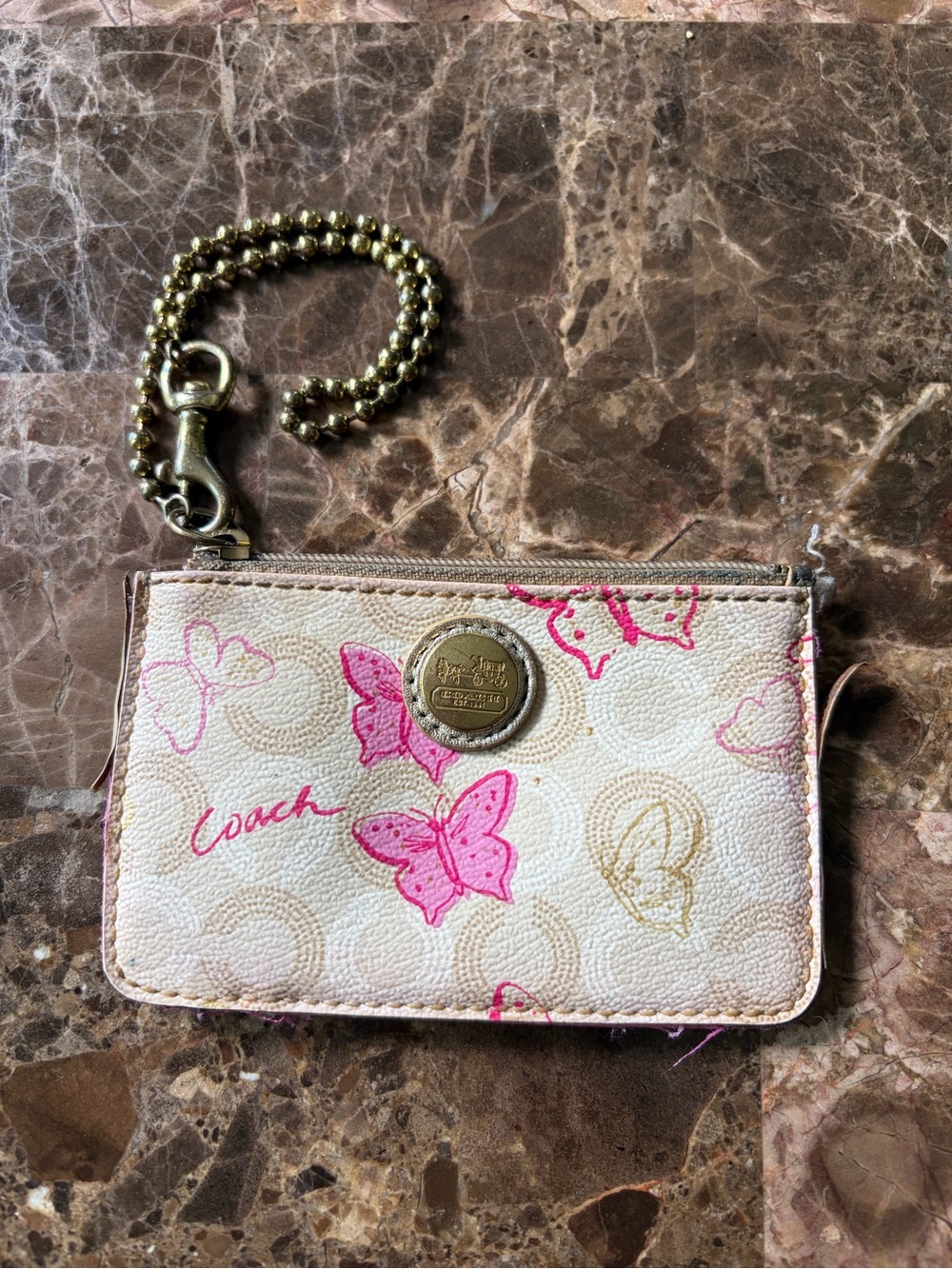 Coach Cream Signature Card Case with Pink Butterfly Print and Chain